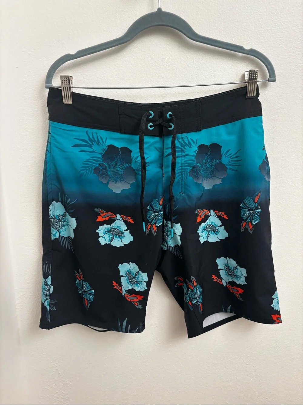 Burnside Men's Black & Teal Tropical Floral Swim Trunks Drawstring Waist 30